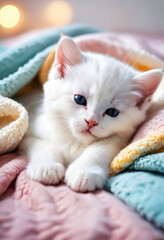 Sticker - Cute white kitten sleep on a soft colorful fluffy cozy blanket. Sleeping cat. World Cat Day. Pet care. A beautiful postcard for animal lovers