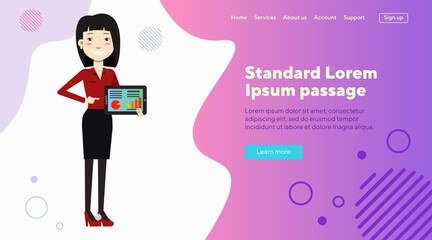 Fototapete - Smiling Asian business woman with charts on tablet screen. Flat vector illustration. Young woman making presentation. Business, analysis, marketing concept for web design, banner or landing page