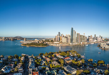 Wall Mural - Sydney, Australia: Aerial of the famous Sydney bay and city skyline with the Sydney harbor bridge from the Balmain residential district on a sunny winter day