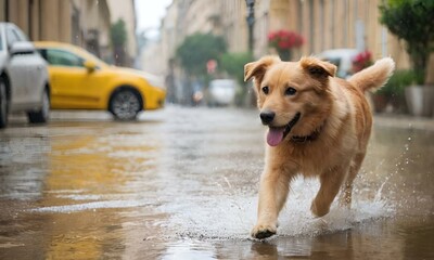 Wall Mural - AI generated illustration of a dog splashing through water, accidents happen