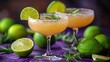   Two margaritas, each with a lime and rosemary garnish, rest on a purple tablecloth Nearby, limes are present