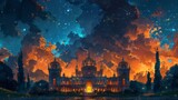 Fototapeta  - Stunning night-time art illustration of an illuminated museum under a starry sky with celestial dreamscape