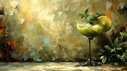 Wall Mural -   A painting of a cocktail glass with a lime and mint garnish at the rim, and a green garnish gracefully resting on the edge
