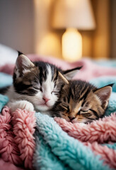 Wall Mural - Two cute kittens sleep on a soft colorful fluffy cozy blanket. Sleeping cat. World Cat Day. Pet care. A beautiful postcard for animal lovers