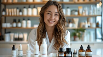 Sticker - A beautiful woman. In front of her is a table full of skin care products. Generative AI.