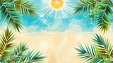 Fototapeta Mapy -  palm leaves dot the sandy shore; a radiant sun hovers center stage; behind, a blue sky unfolds