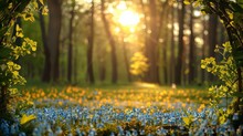   The Sun Illuminates The Forest, Casting Light Through Trees As Blue And Yellow Wildflowers And Lush Greenery Flourish Below
