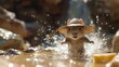 © Shanti - A mouse dons a straw hat, splashes in a puddle holding a cheese chunk