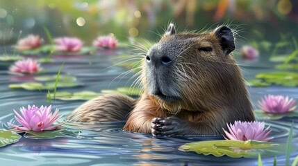Wall Mural -   A tight shot of an animal submerged in water, surrounded by lily pads and water lilies in the backdrop
