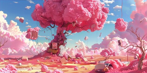 Pink fluffy tree with pink clouds and blue sky in surreal pop surrealism style