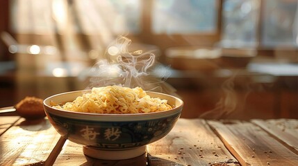 Wall Mural - A bowl of ancient Chinese noodles is placed on a wooden table with sunlight shining on the table. Generative AI.