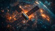 Orbiting satellite with orange solar panels in a vibrant galaxy backdrop