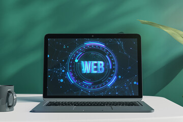 Poster - Close up of laptop on desk with coffee cup and glowing web hologram on chalkboard wall background. Metaverse and future concept. 3D Rendering.