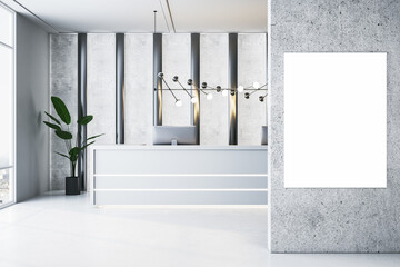 Poster - Modern concrete office reception with blank white mock up banner on wall, desk, decorative plant and computer monitors. 3D Rendering.