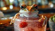   A tight shot of a frog submerged in a glass filled with strawberries at the bottom A succulent plant sits at the glass's base