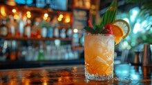   A Tight Shot Of A Drink Atop A Bar, Garnished With Orange Slices And Strawberries Resting On Its Rim