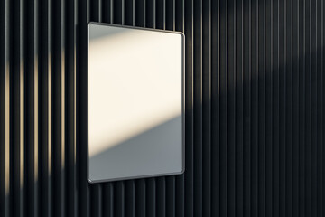 Poster - Empty dark metal linear wall with clean white mock up poster and shadows. Gallery concept. 3D Rendering.