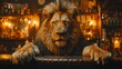   A tight shot of a lion seated at a table, gazing at a chilled bottle of beer A background bar scene suggests imbibing camaraderie