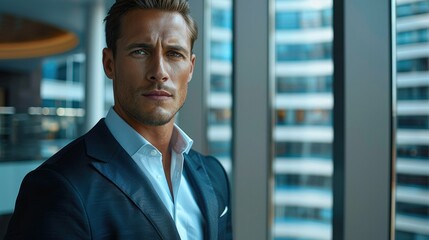 Poster - Good-looking businessman unbuttoned in luxury tower. Generative AI.
