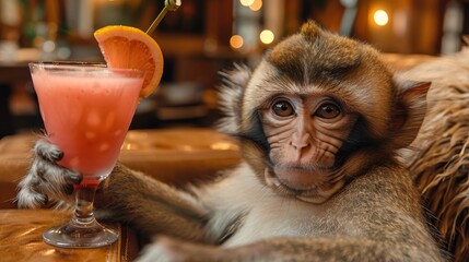 Wall Mural -   A monkey at a table holds a drink with one hand and places a slice of orange on top