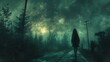 young woman alone on a mysterious forest path at night	