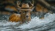   A tight shot of a deer submerged in water, donning a hat, and holding a fish in its mouth