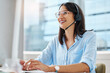 © peopleimages.com - Computer, email or happy woman consultant in call center talking or networking online in telecom office. Smile, girl typing or virtual assistant in communication or conversation at customer services