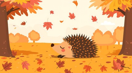 Wall Mural -   An illustration of a hedgehog in a field amidst autumn leaves and a tree in the background