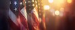closeup of an American flag with copy space on a blurred bokeh background