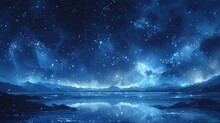 Starry Night Sky Over Serene Lake Landscape With Luminous Reflections And Majestic Mountains