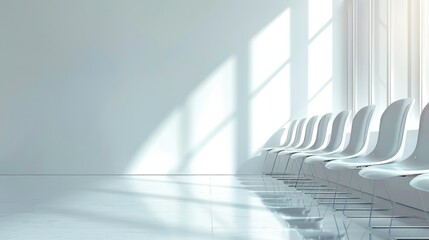 Poster - Empty white space, white chairs placed at regular intervals. Generative AI.