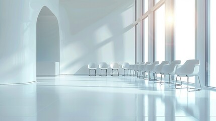 Poster - Empty white space, white chairs placed at regular intervals. Generative AI.