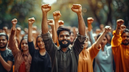 A group of people raising their fists in the air, standing together for a protest action. Generative AI.