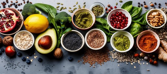 Wall Mural - An artistic image of nutritious food, featuring a variety of fruits, vegetables, and grains, set against a gray backdrop.