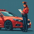 flat illustration, vector, a female police officer giving a traffic ticket to a motorist, no background, flat vector illustration