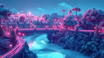 Wall Mural - Luminous neon lights of an isometric amusement park in a mystical mountain setting