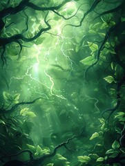 Poster - Digital painting of a magical green nature energy taking form of green, glowing vines and leaves. Generative AI.