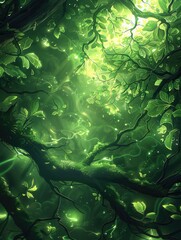 Poster - Digital painting of a magical green nature energy taking form of green, glowing vines and leaves. Generative AI.