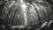 Majestic black and white forest clearing captured with fisheye lens, featuring a radiant sunburst