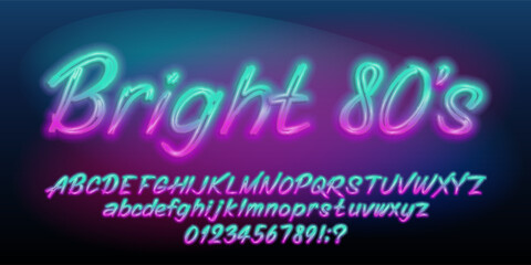 Poster - Bright 80s alphabet font. Glowing neon script letters and numbers. Uppercase and lowercase. Stock vector typescript for your design.
