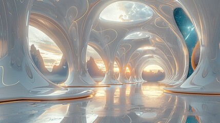 Poster - The design style is simple and elegant and there are some three-dimensional science fiction buildings inside. Generative AI.