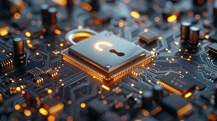 Aufkleber - Protect and Security concept. Padlock on microchip processor, technology background. Generative AI.