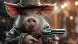 Fototapeta Dmuchawce - pig in a stylish hat brandishes a firearm confidently, Ai Generated
