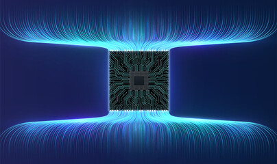 Poster - Circuit board with high-speed wireless data lines. Concept of visualization big data, central computer processor, Internet network.