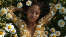 A Black Woman Is Lying In A Daisies Meadow. Top View. Generative AI.