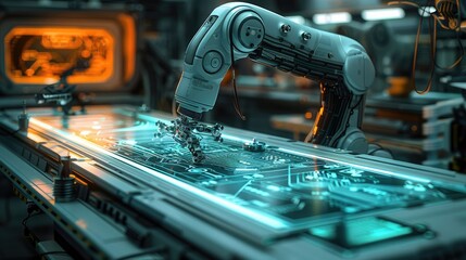 Aufkleber - A futuristic sewing table, robotic arms intricately patching fabric with glowing digital threads, fabric adorned with circuit patterns, high-tech workshop setting. Generative AI.