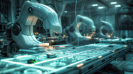 Aufkleber - A futuristic sewing table, robotic arms intricately patching fabric with glowing digital threads, fabric adorned with circuit patterns, high-tech workshop setting. Generative AI.