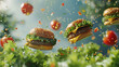 Burger patties bubbling cheese crisp lettuce leaves fast  food ingredients 