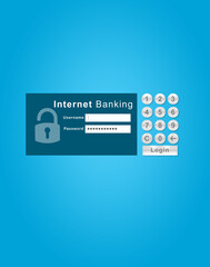 Poster - Screen, online banking and mobile app with login or password for transaction on blue background. Savings, budget and shopping with digital nomad, fintech and authentication or security for payment