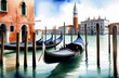 watercolor postcard with Italy,Venice, gondolas on the river